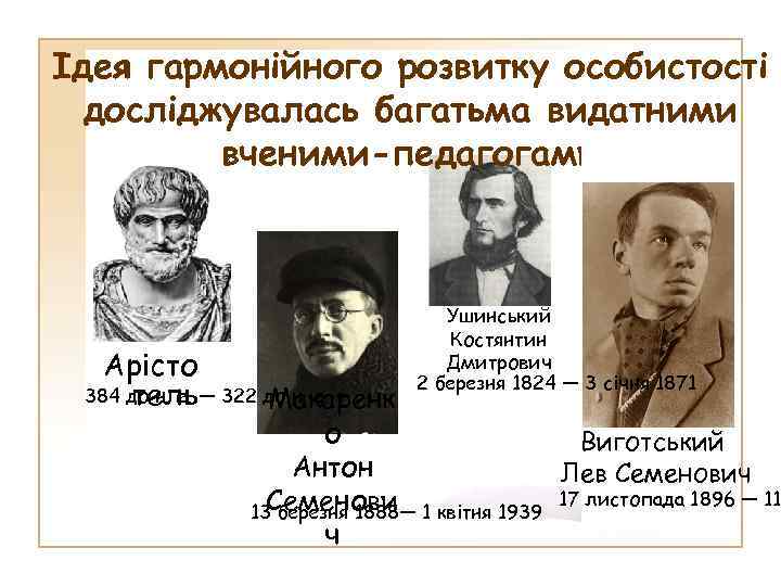 Ідея гармонійного розвитку особистості досліджувалась багатьма видатними вченими-педагогами Арісто 384 до н. е. —