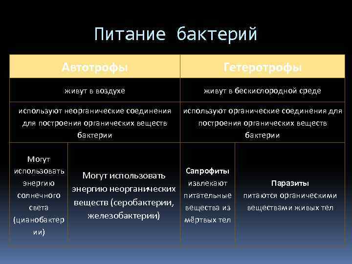 Питание бактерий Автотрофы Гетеротрофы живут в воздухе живут в бескислородной среде используют неорганические соединения