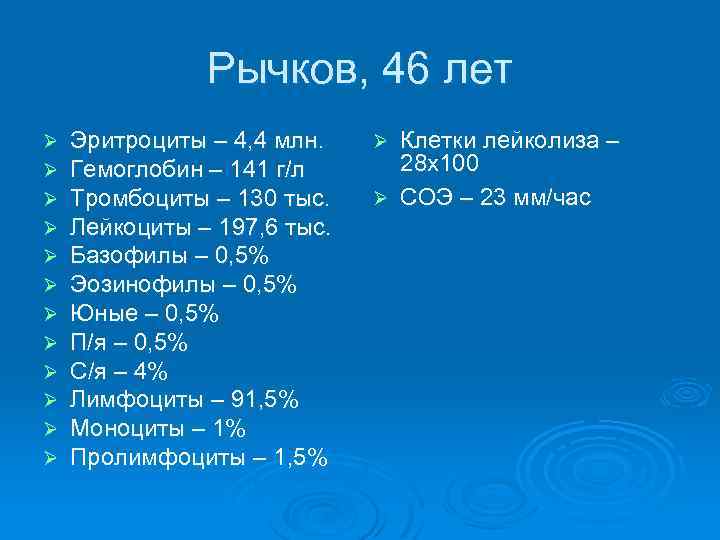 Рычков, 46 лет Ø Ø Ø Эритроциты – 4, 4 млн. Гемоглобин – 141