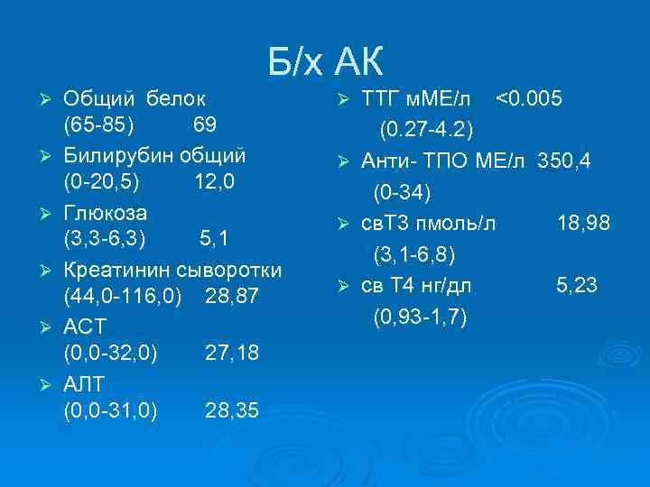 Б/х АК Ø Ø Ø Общий белок (65 -85) 69 Билирубин общий (0 -20,