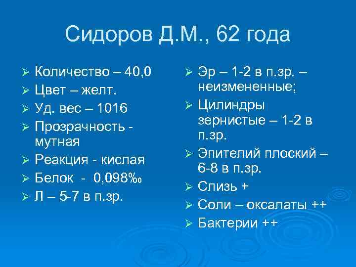 Сидоров Д. М. , 62 года Количество – 40, 0 Ø Цвет – желт.