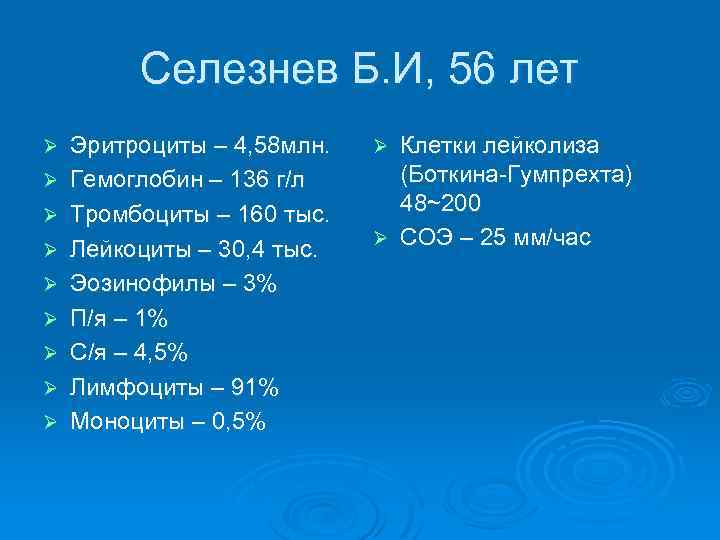 Селезнев Б. И, 56 лет Ø Ø Ø Ø Ø Эритроциты – 4, 58