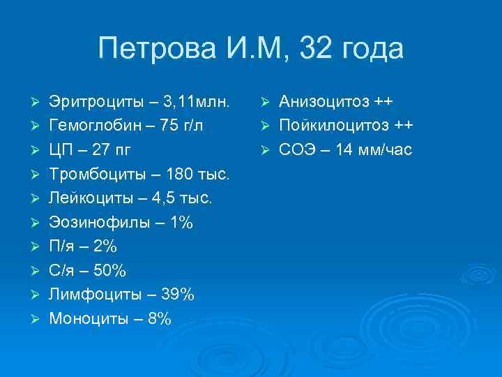 Петрова И. М, 32 года Ø Ø Ø Ø Ø Эритроциты – 3, 11