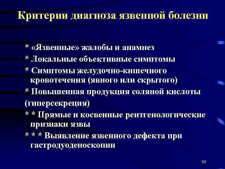 Критерии диагноза язвенной болезни * «Язвенные» жалобы и анамнез * Локальные объективные симптомы *