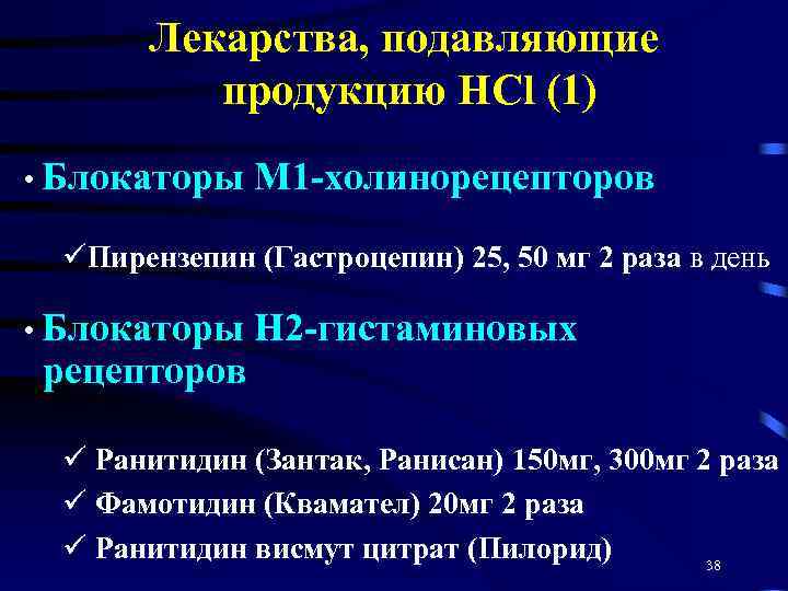 Лекарства, подавляющие продукцию НCl (1) • Блокаторы М 1 -холинорецепторов üПирензепин (Гастроцепин) 25, 50