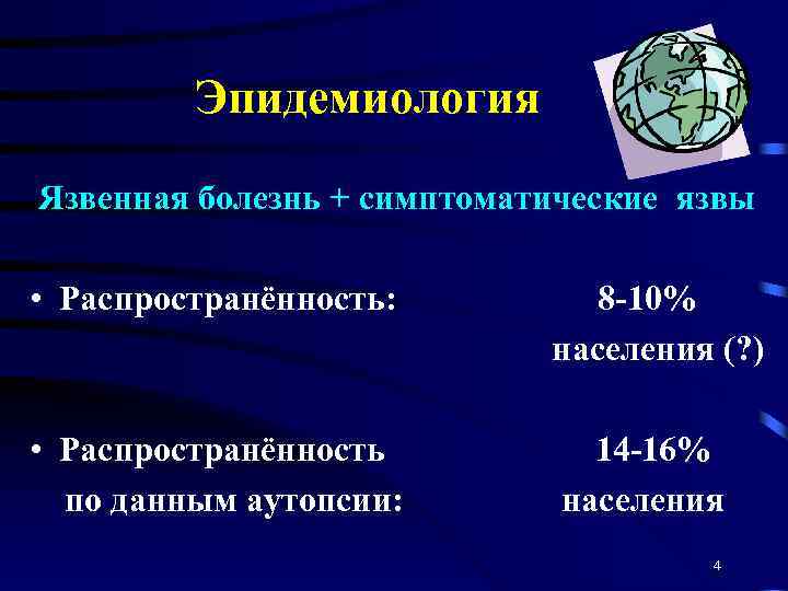 Эпидемиология Язвенная болезнь + cимптоматические язвы • Распространённость: 8 -10% населения (? ) •