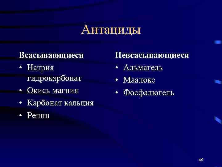 Антациды Всасывающиеся • Натрия гидрокарбонат • Окись магния • Карбонат кальция • Ренни Невсасывающиеся