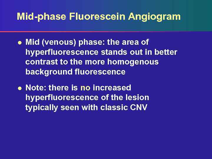 Mid-phase Fluorescein Angiogram l Mid (venous) phase: the area of hyperfluorescence stands out in