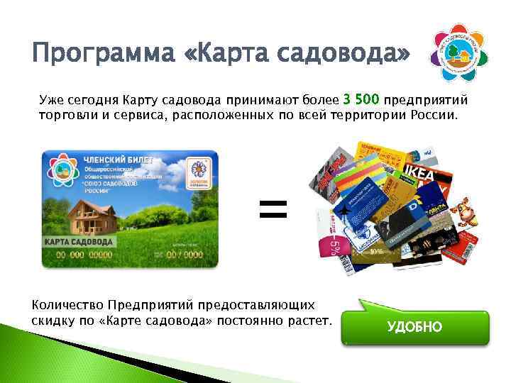 Программа «Карта садовода» Уже сегодня Карту садовода принимают более 3 500 предприятий торговли и