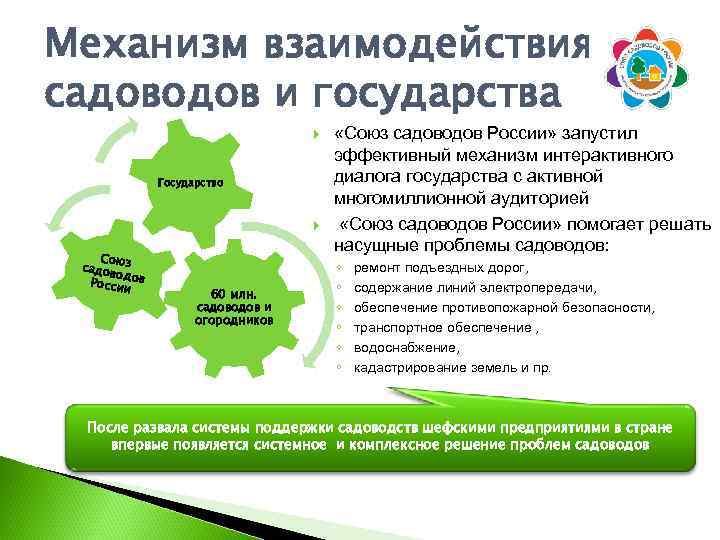 Механизм взаимодействия садоводов и государства Государство Сою садов з од Росси ов и 60