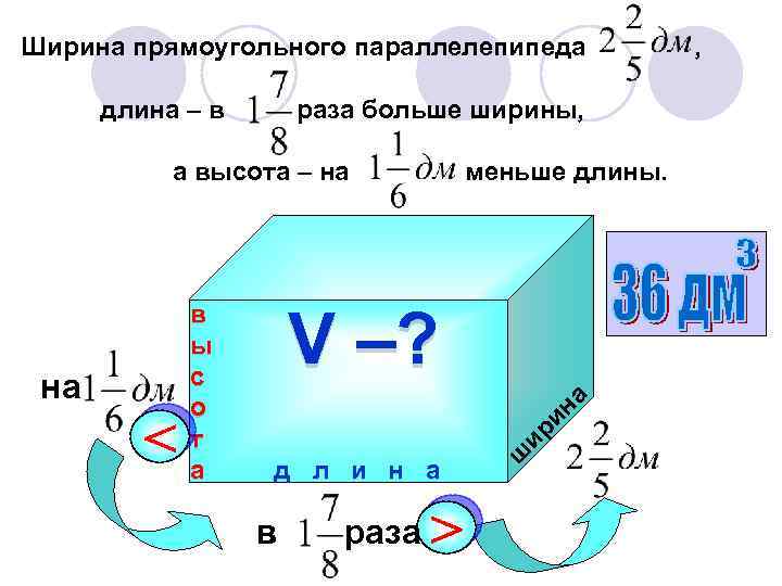Ширина прямоугольного параллелепипеда длина – в раза больше ширины, а высота – на <