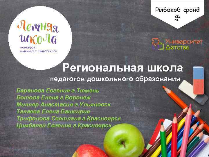 Региональная школа педагогов дошкольного образования Баранова Евгения г. Тюмень Ботова Елена г. Воронеж Миллер