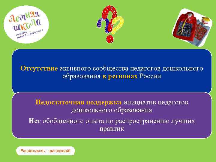 Отсутствие активного сообщества педагогов дошкольного образования в регионах России Недостаточная поддержка инициатив педагогов дошкольного