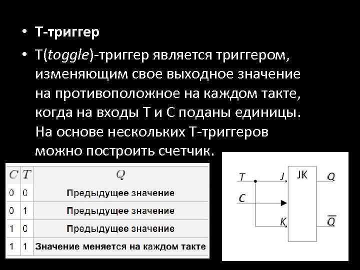  • T-триггер • T(toggle)-триггер является триггером, изменяющим свое выходное значение на противоположное на