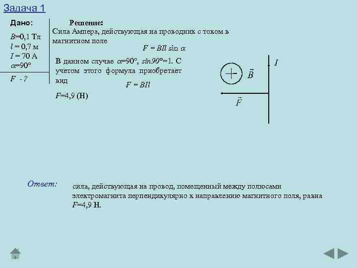 Задача 1 Дано: В=0, 1 Тл l = 0, 7 м I = 70