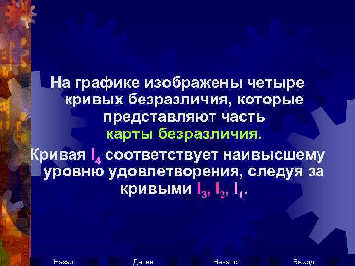 На графике изображены четыре кривых безразличия, которые представляют часть карты безразличия. Кривая I 4