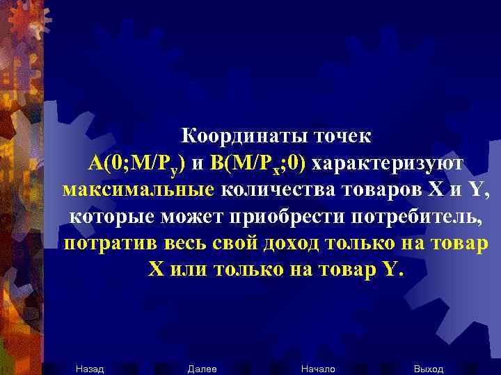 Координаты точек А(0; M/Py) и В(М/Рх; 0) характеризуют максимальные количества товаров Х и Y,