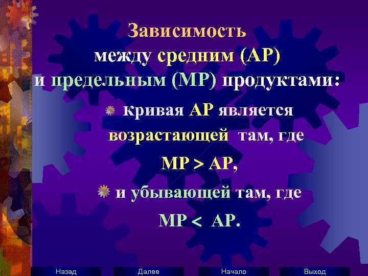 Зависимость между средним (АР) и предельным (МР) продуктами: кривая АР является возрастающей там, где