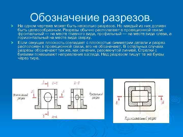 Обозначение разрезов. На одном чертеже может быть несколько разрезов. Но каждый из них должен