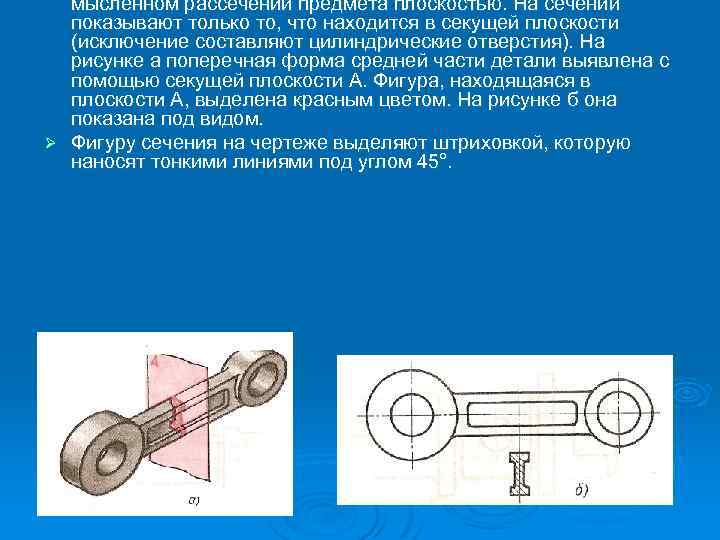 мысленном рассечении предмета плоскостью. На сечении показывают только то, что находится в секущей плоскости