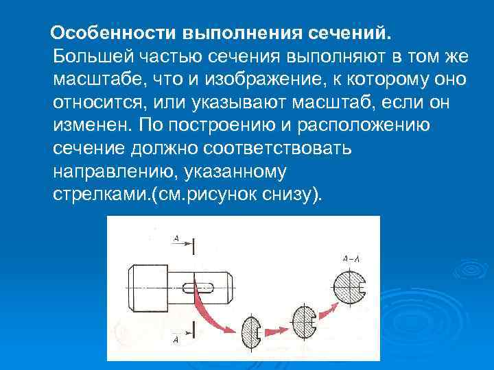 Особенности выполнения сечений. Большей частью сечения выполняют в том же масштабе, что и изображение,