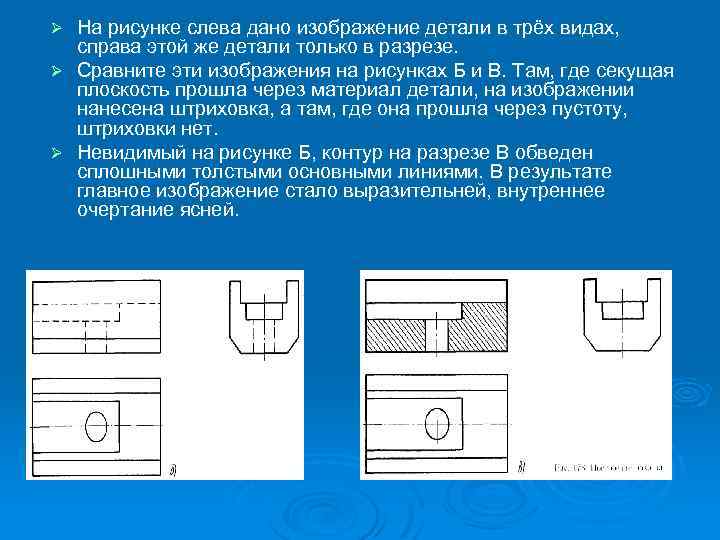 На рисунке слева дано изображение детали в трёх видах, справа этой же детали только