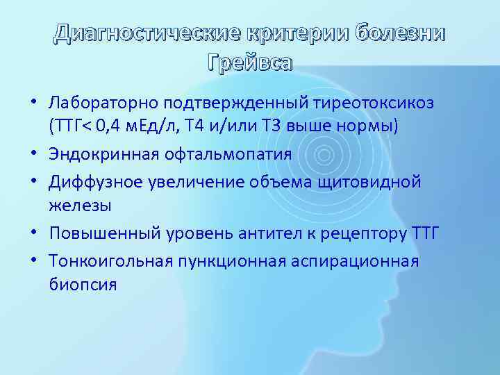 Диагностические критерии болезни Грейвса • Лабораторно подтвержденный тиреотоксикоз (ТТГ< 0, 4 м. Ед/л, Т