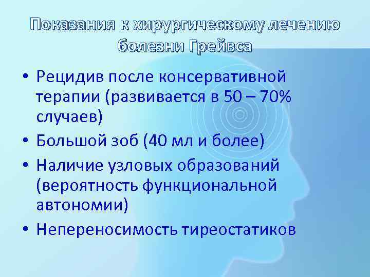 Показания к хирургическому лечению болезни Грейвса • Рецидив после консервативной терапии (развивается в 50