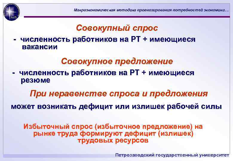 Макроэкономическая методика прогнозирования потребностей экономики… Совокупный спрос - численность работников на РТ + имеющиеся