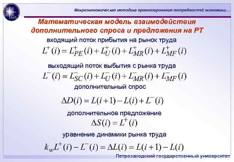 Макроэкономическая методика прогнозирования потребностей экономики… Математическая модель взаимодействия дополнительного спроса и предложения на РТ