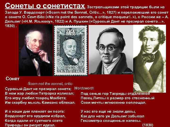 Сонеты о сонетистах. Застрельщиками этой традиции были на Западе У. Вордсворт ( «Scorn not