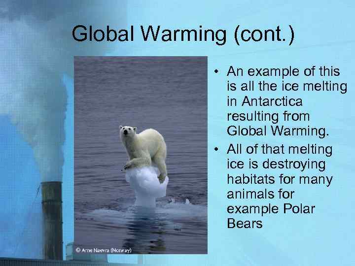 Global Warming (cont. ) • An example of this is all the ice melting