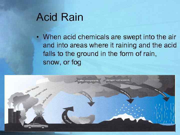 Acid Rain • When acid chemicals are swept into the air and into areas