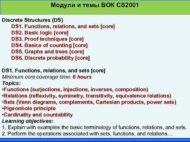 Модули и темы ВОК CS 2001 Discrete Structures (DS) DS 1. Functions, relations, and