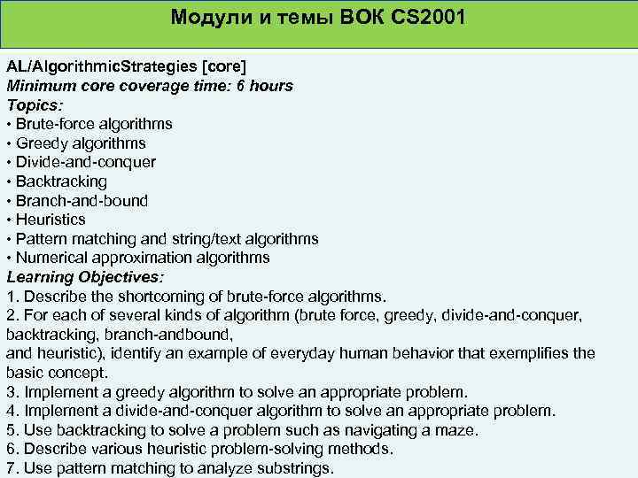 Модули и темы ВОК CS 2001 AL/Algorithmic. Strategies [core] Minimum core coverage time: 6