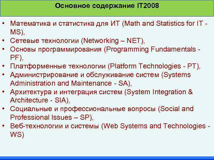 Основное содержание IT 2008 • Математика и статистика для ИТ (Math and Statistics for