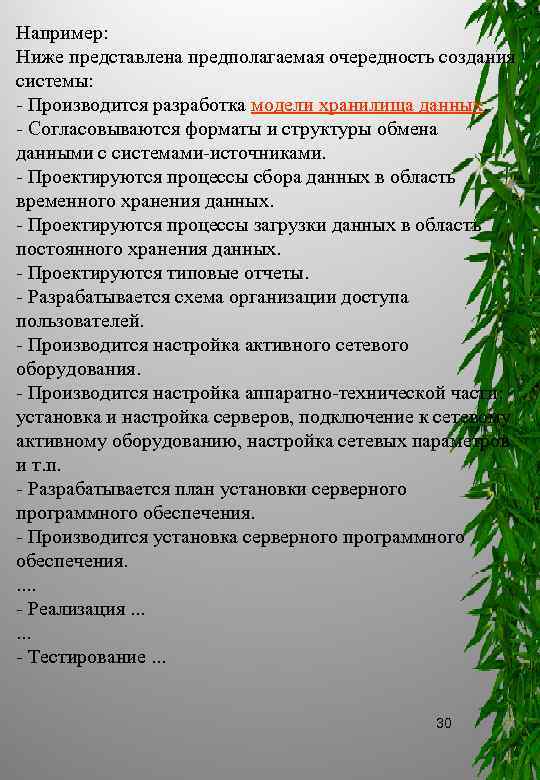 Например: Ниже представлена предполагаемая очередность создания системы: Производится разработка модели хранилища данных. Согласовываются форматы