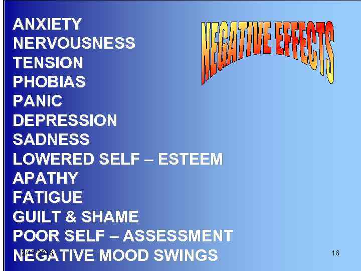ANXIETY NERVOUSNESS TENSION PHOBIAS PANIC DEPRESSION SADNESS LOWERED SELF – ESTEEM APATHY FATIGUE GUILT