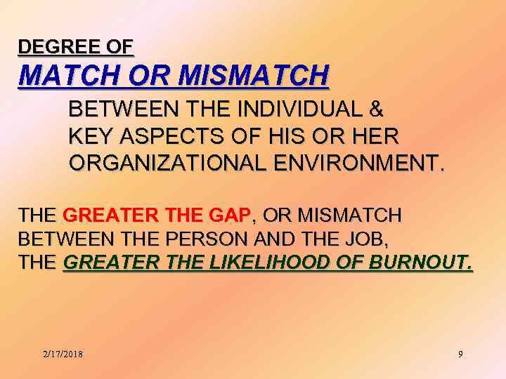DEGREE OF MATCH OR MISMATCH BETWEEN THE INDIVIDUAL & KEY ASPECTS OF HIS OR