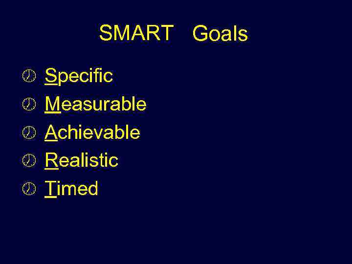 SMART Goals Effective ½ Specific ½ Measurable ½ Achievable ½ Realistic ½ Timed 