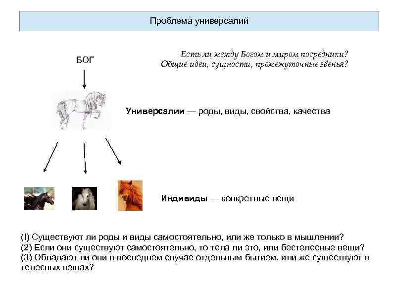 Проблема универсалий БОГ Есть ли между Богом и миром посредники? Общие идеи, сущности, промежуточные