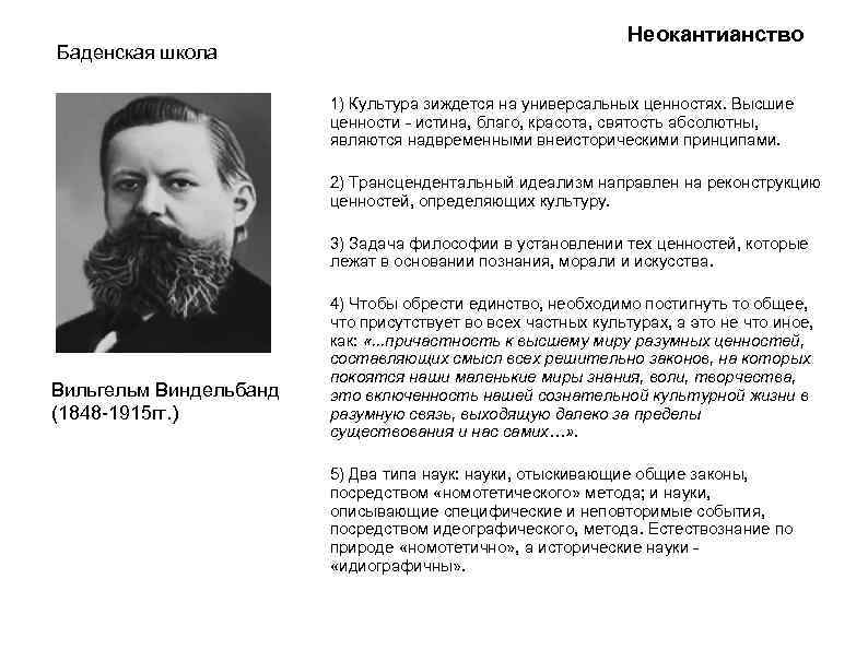Баденская школа Неокантианство 1) Культура зиждется на универсальных ценностях. Высшие ценности - истина, благо,