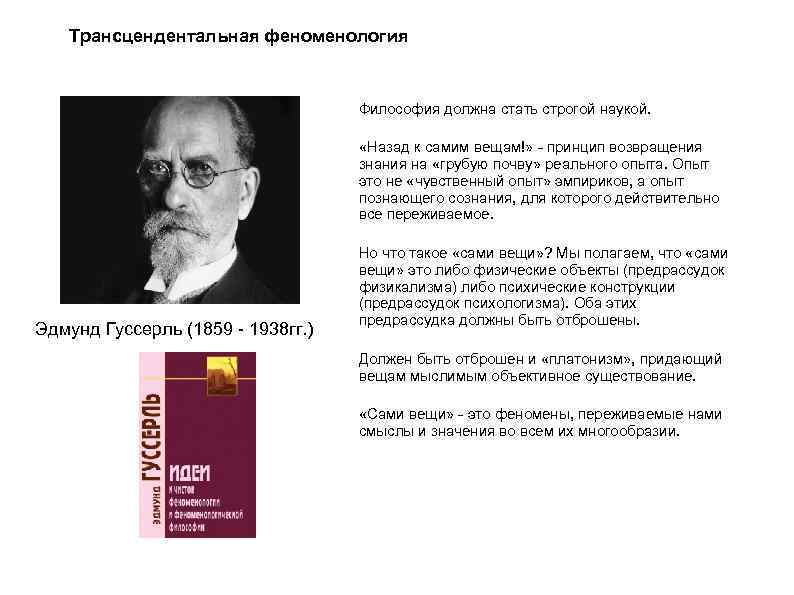 Трансцендентальная феноменология Философия должна стать строгой наукой. «Назад к самим вещам!» - принцип возвращения