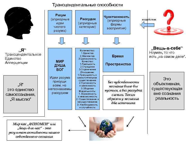 Трансцендентальные способности Разум (априорные идеи чистого разума) „Я“ это единство самосознания, „Я мыслю“ (априорные