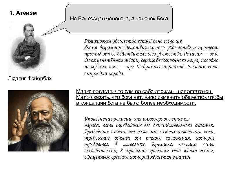 1. Атеизм Людвиг Фейербах Не Бог создал человека, а человек Бога Религиозное убожество есть