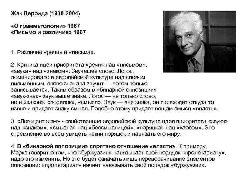 Жак Деррида (1930 -2004) «О грамматологии» 1967 «Письмо и различие» 1967 1. Различие «речи»