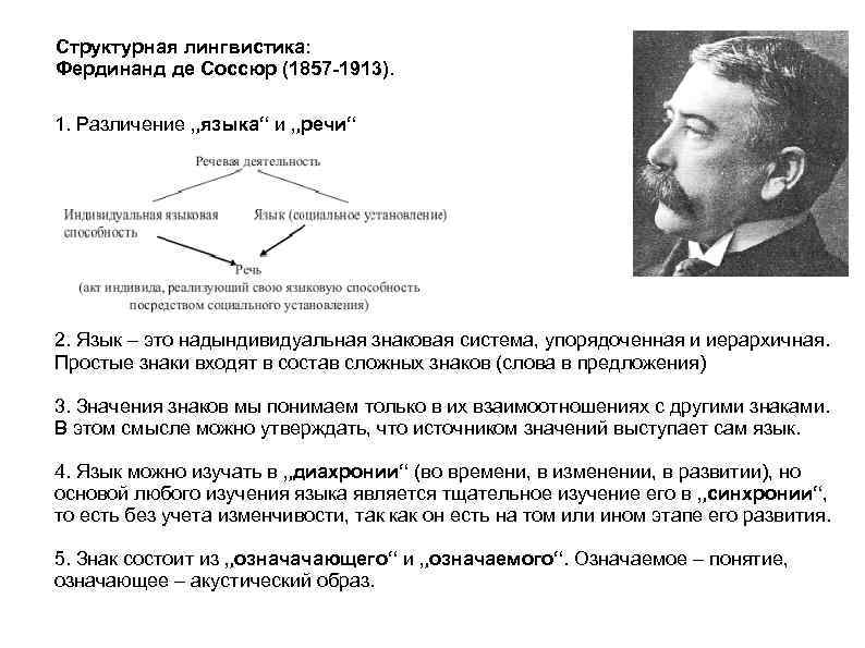 Структурная лингвистика: Фердинанд де Соссюр (1857 -1913). 1. Различение „языка“ и „речи“ 2. Язык