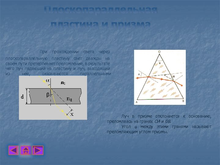 Плоскопараллельная пластина и призма При прохождении света через плоскопараллельную пластину свет дважды на своем