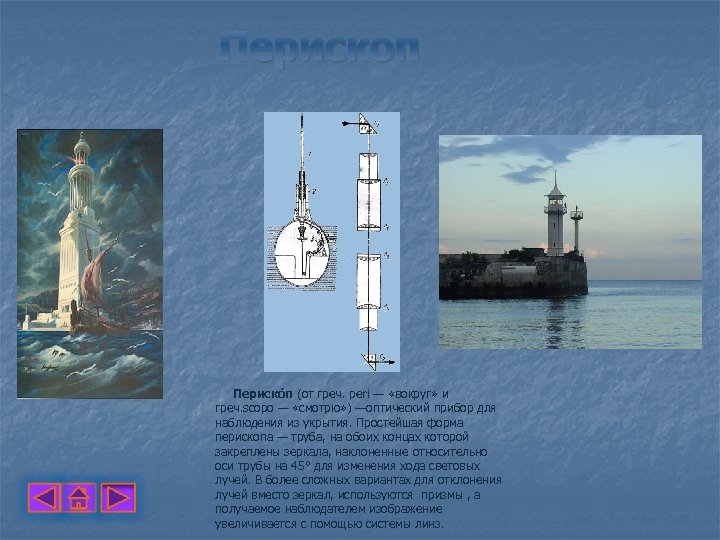 Перископ Периско п (от греч. peri — «вокруг» и греч. scopo — «смотрю» )