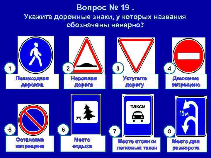 Вопрос № 19. Укажите дорожные знаки, у которых названия обозначены неверно? 1 2 Пешеходная